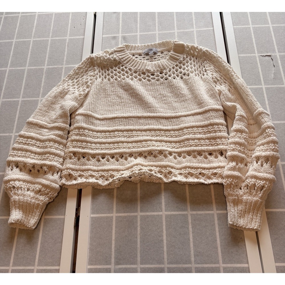 FATE Women Sweater S Off White Crochet Cropped‎ Long Sleeve Chunky Knit Pullover